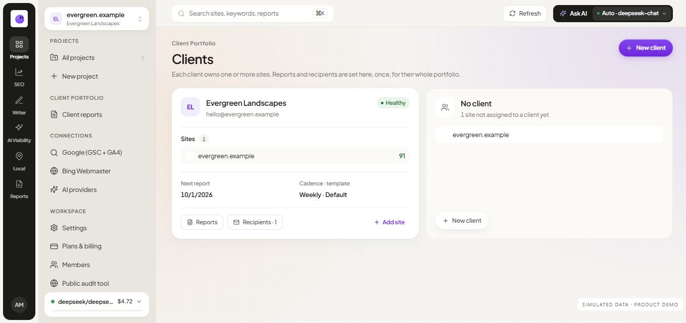 RankZap client management screen showing client records and website portfolio organization with simulated data