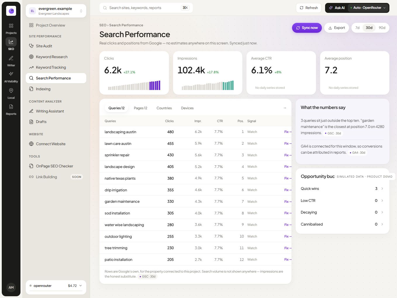 RankZap Search Console performance screen showing search clicks, impressions and query trends with simulated data