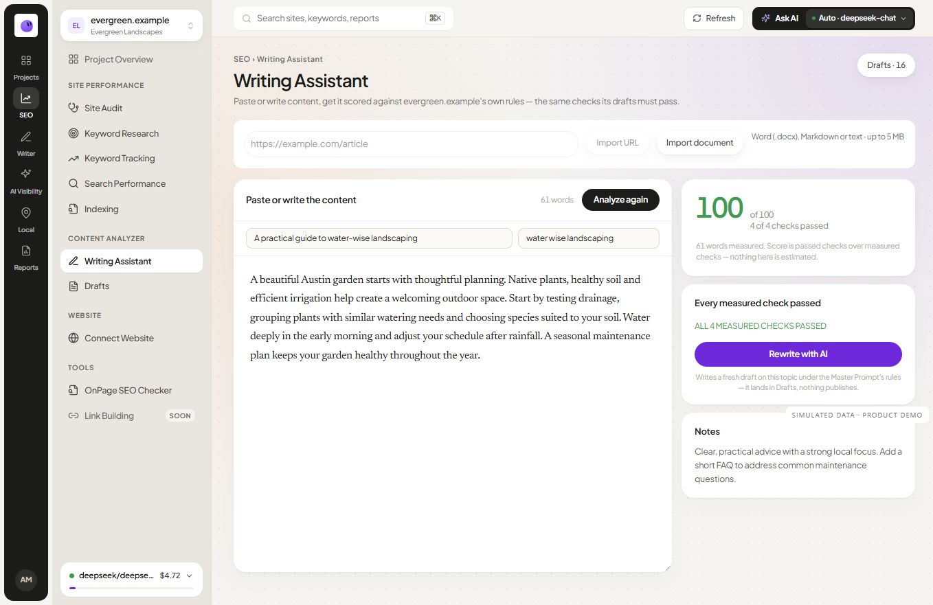 RankZap writing assistant showing article analysis and content review checks with simulated data