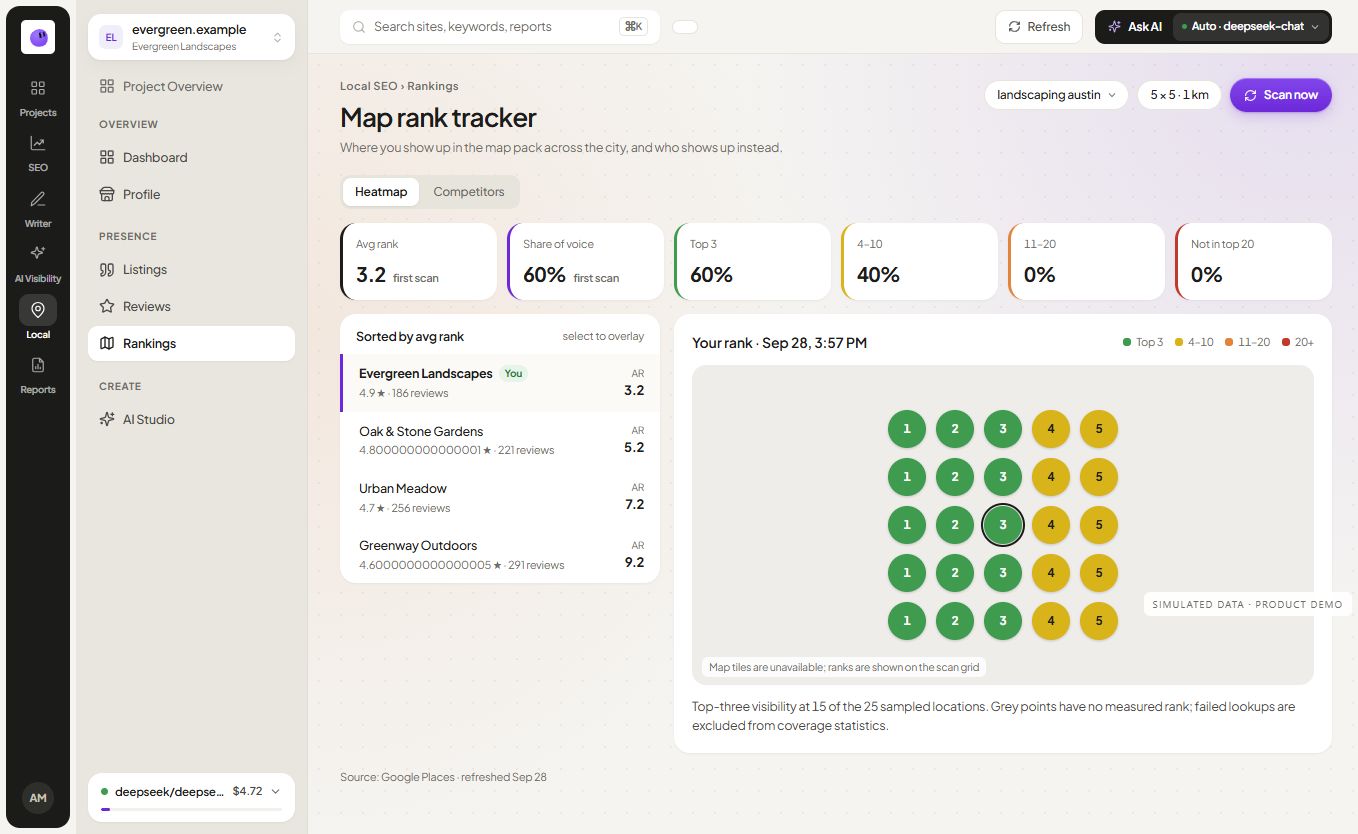 RankZap local rank tracking view showing a map grid and location-based ranking results with simulated data