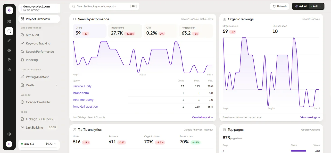 RankZap project overview: search performance, organic rankings, traffic analytics and top pages