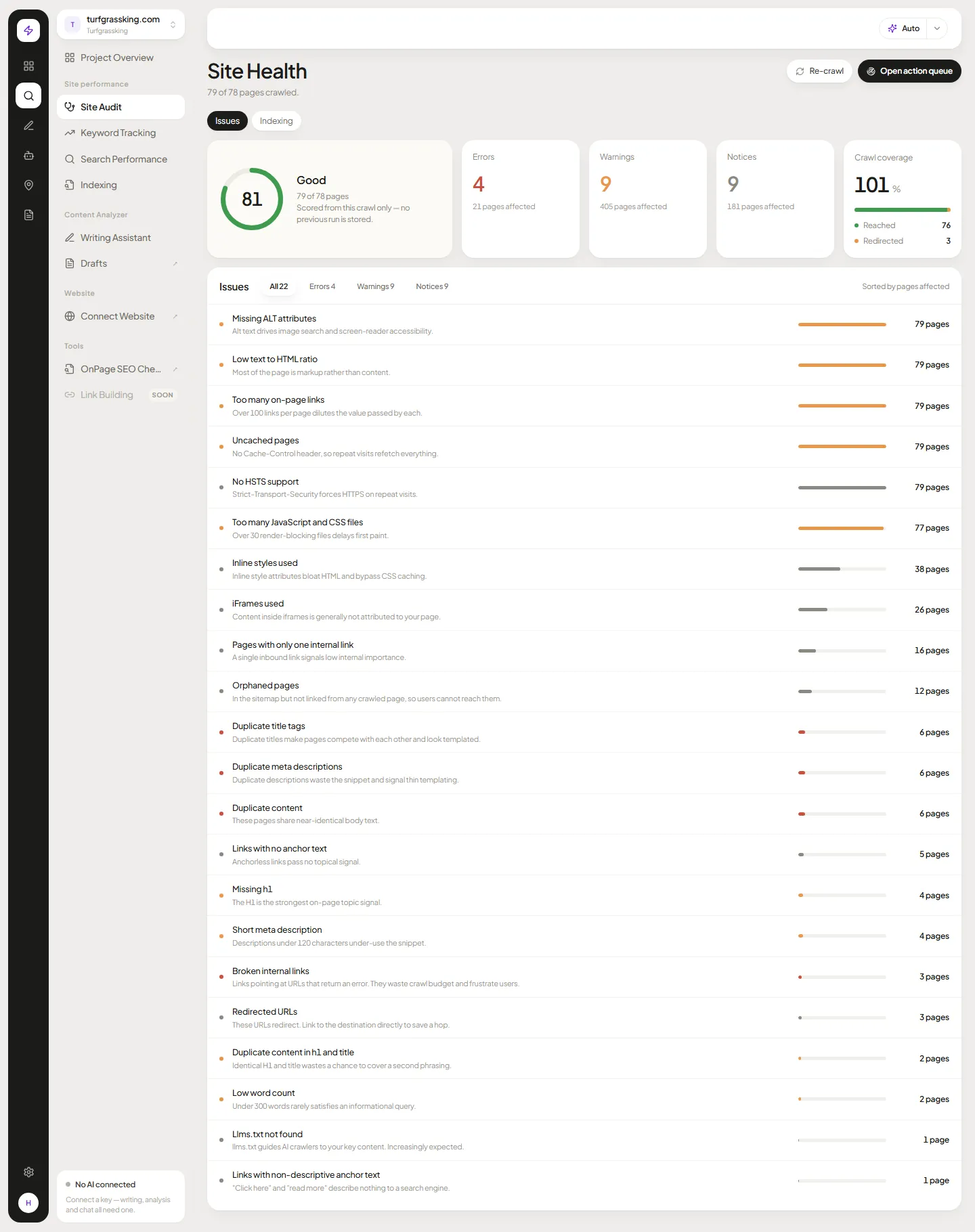 Site Audit: every page crawled and scored